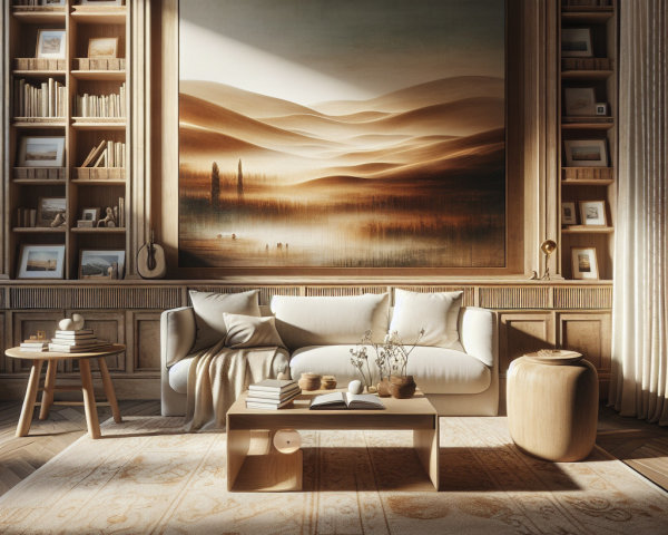 Serene Living Room with Abstract Art and Cozy Decor