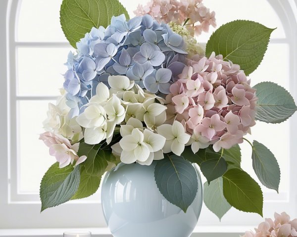 Pastel Hydrangea Arrangement in Pale Blue Vase