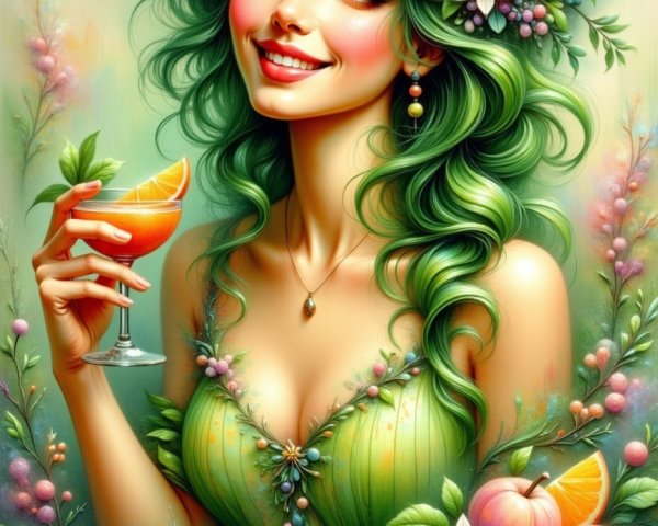 Whimsical Illustration of a Woman with Green Hair