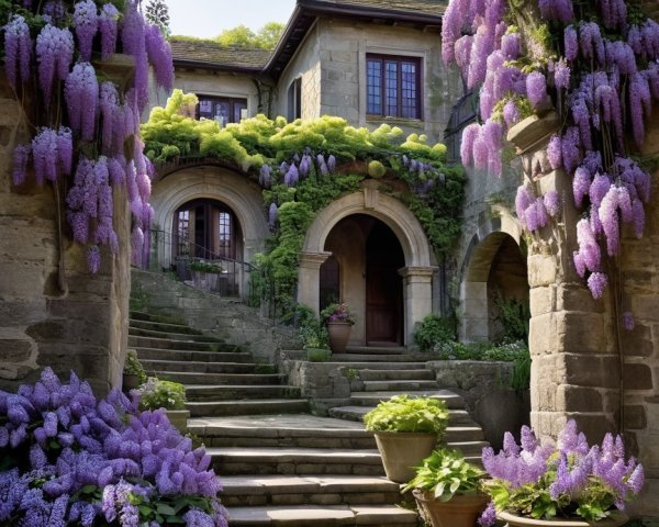 Stone Archway with Wisteria and Lush Greenery