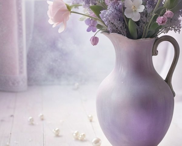 Lavender Vase with Pastel Roses and Pearls Arrangement