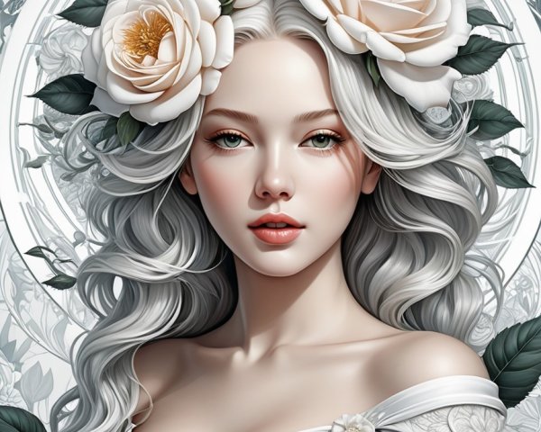 Close-up of a serene goddess with silver hair and roses