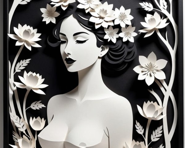 Serene Female Figure Surrounded by Paper Cutouts