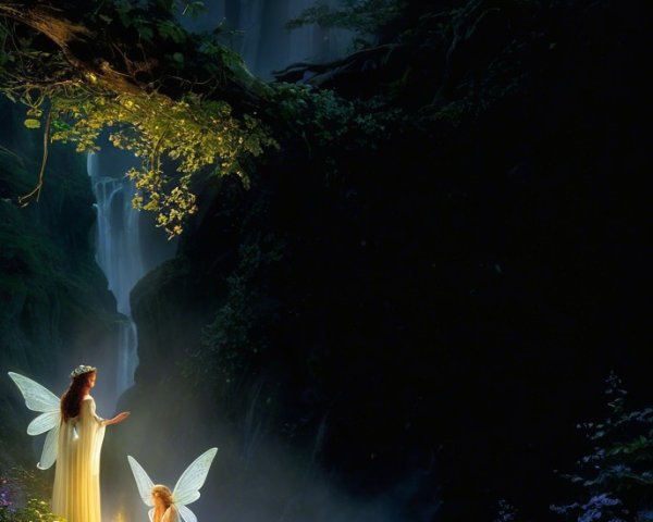 Ethereal Fairies by Moonlit Waterfall in Forest