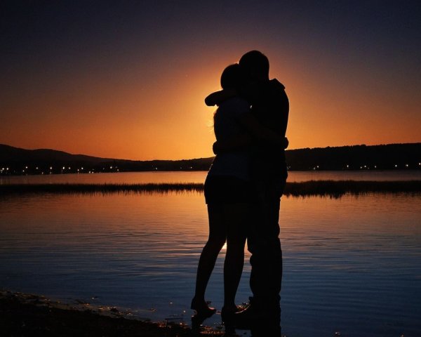 Couple Embracing by Sunset at Lakeside Serenity
