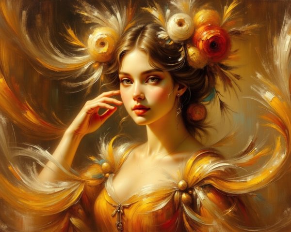 Portrait of a woman with floral adornments and jewelry