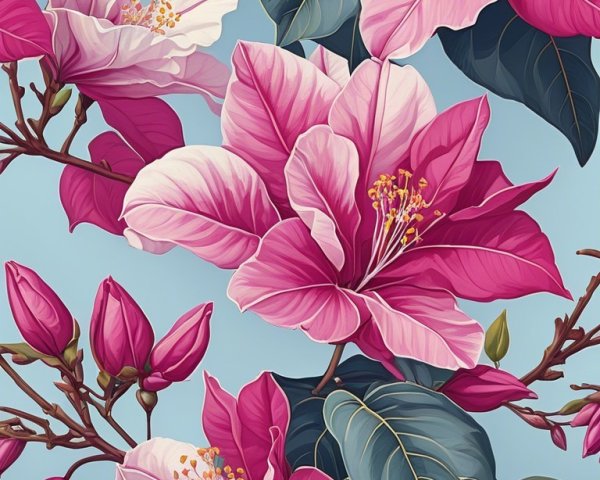 Vibrant Floral Pattern with Hibiscus and Green Leaves