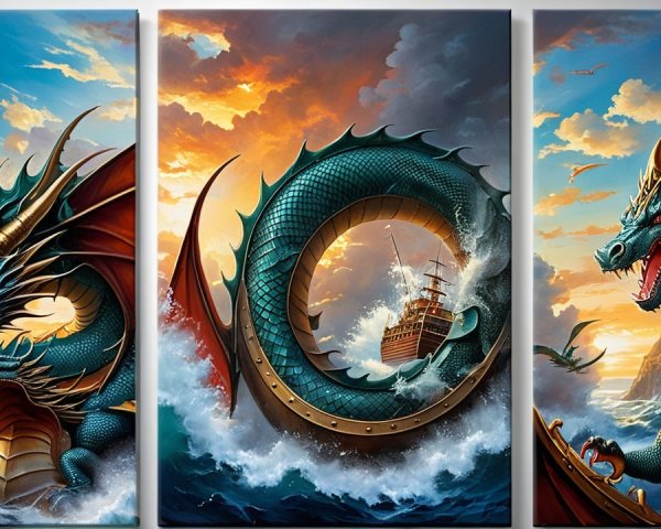 Majestic dragons amidst a vibrant sunset and sea
