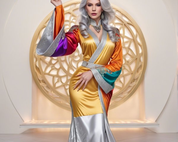 Elegant figure in multicolored robe with ornate backdrop