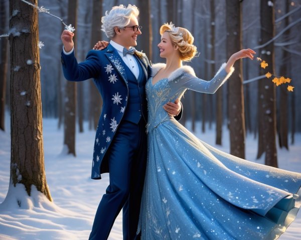 Couple Dancing in a Snowy Forest with Frosty Trees