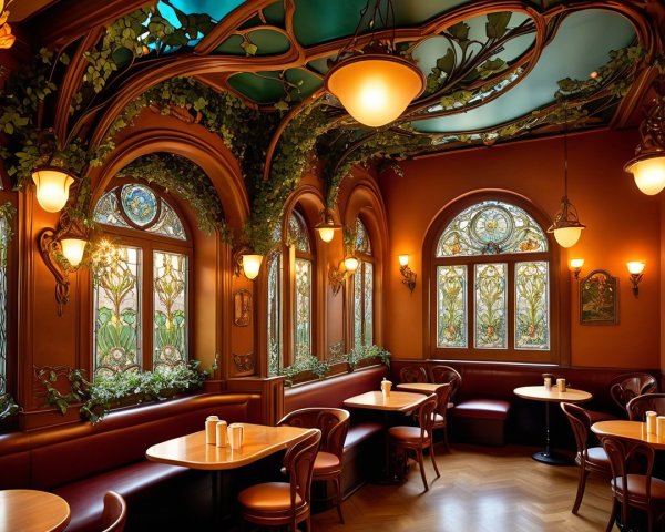Charming Café Interior with Stained-Glass Windows