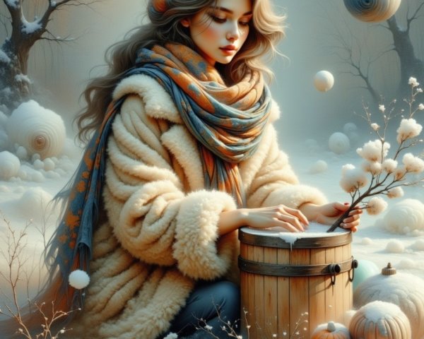 Winter Scene with Woman in Cozy Coat and Snowy Landscape