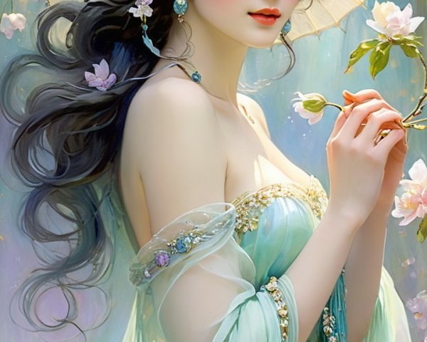 Ethereal Woman in Flowing Green Gown with Blossoms