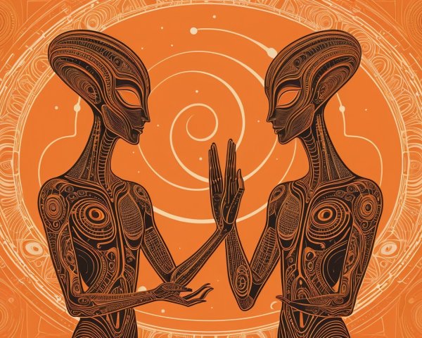 Humanoid Figures with Tribal Patterns on Orange Background