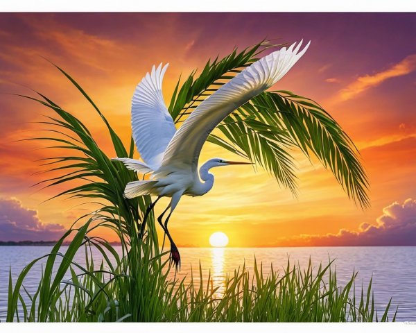 White Egret in Flight at Sunset Over Water