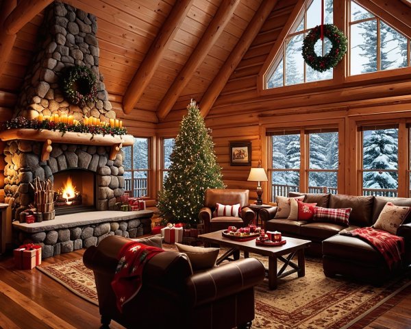 Cozy Cabin Interior with Fireplace and Christmas Decor