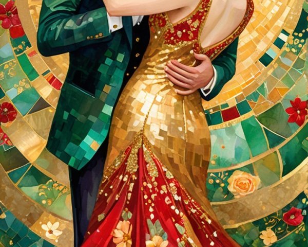 Couple Dancing Against Vibrant Mosaic Backdrop