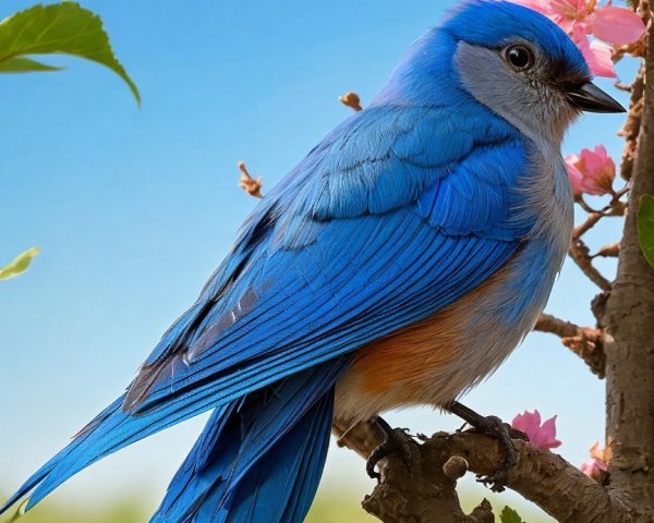 Vibrant Blue Bird on Branch with Pink Blossoms
