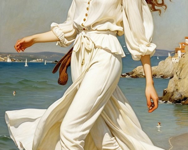 Serene Beach Scene with Woman in Elegant Outfit
