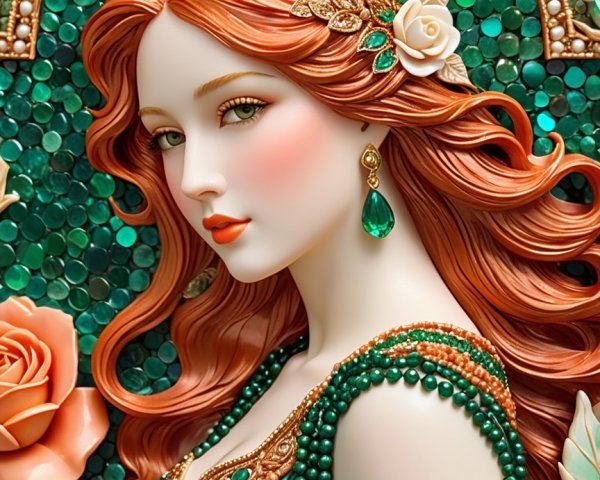 Stunning Woman with Red Hair and Green Mosaic Background