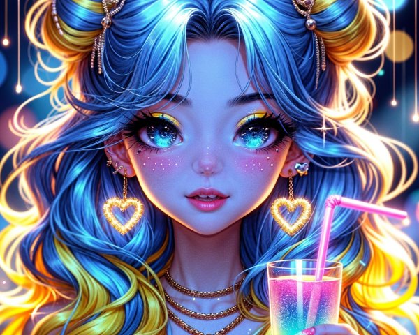 Whimsical portrait of a girl with blue and golden hair