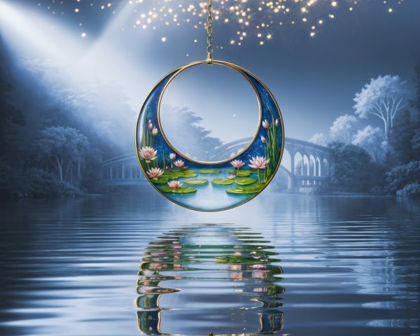 Circular Frame Over Reflective Lake with Water Lilies