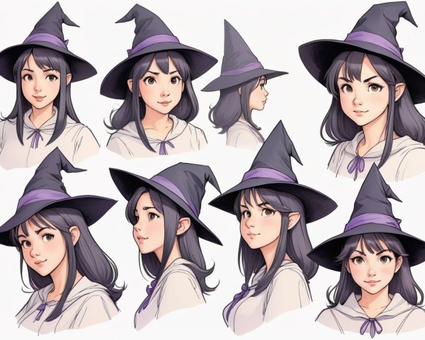 Character Portraits of a Young Woman in Witch Hat