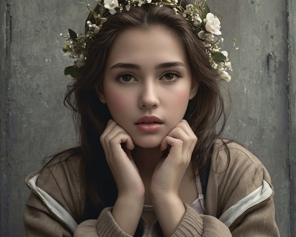 Young woman with floral crown and serene expression