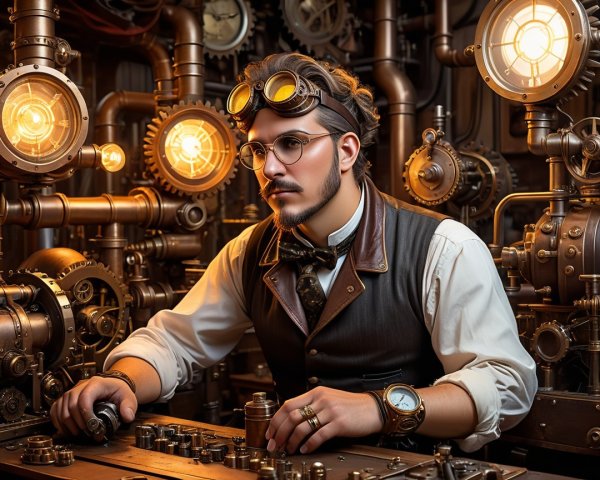 Steampunk Scene with Vintage Attire and Control Panel