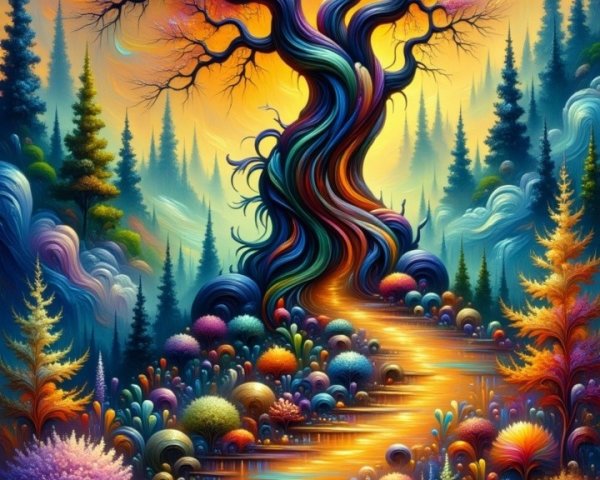 Surreal Landscape with Colorful Tree and Sunset