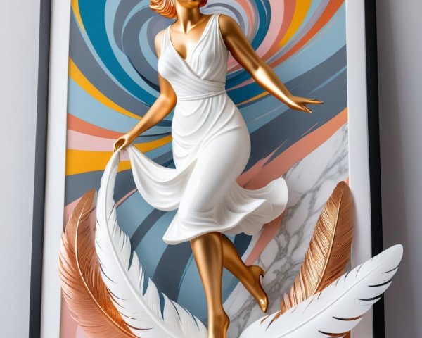 Dynamic Female Figure in Flowing Dress and Feathers