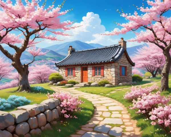 Stone cottage surrounded by cherry blossoms and mountains