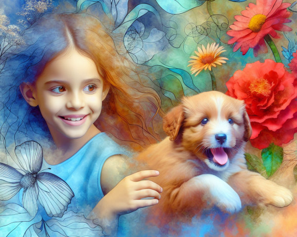 Joyful girl and fluffy puppy in a colorful scene
