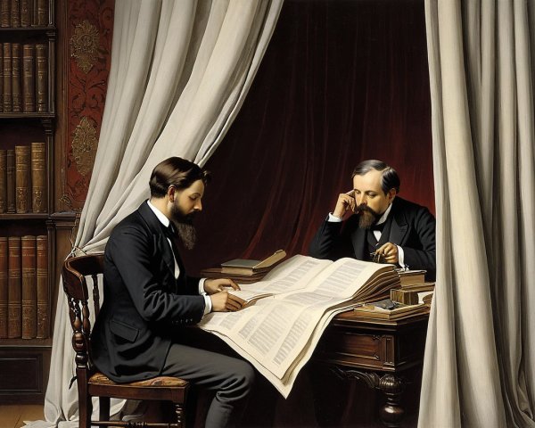 Discussion between Two Men over a Large Book