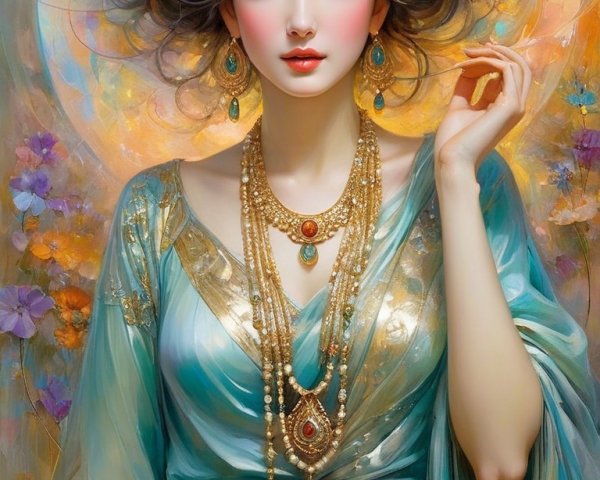 Portrait of a Woman in Blue Gown with Floral Crown