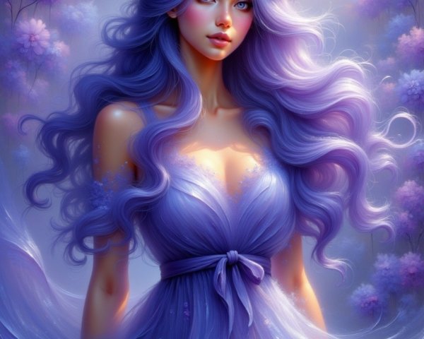 Ethereal figure in lavender gown in dreamy landscape