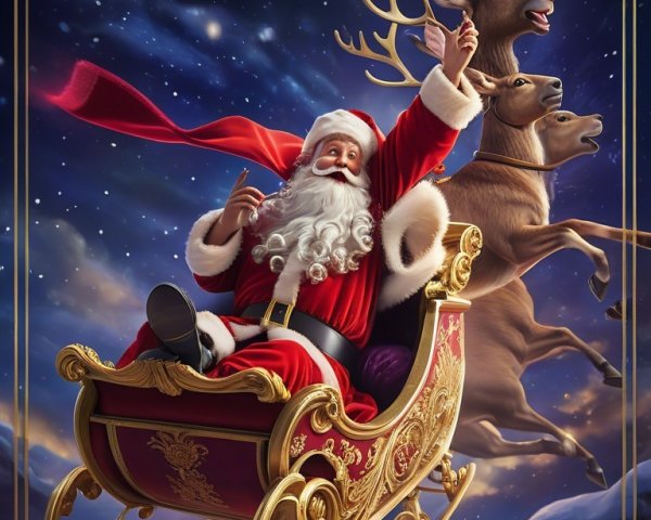 Santa Claus in Ornate Sleigh with Reindeer and Snowflakes
