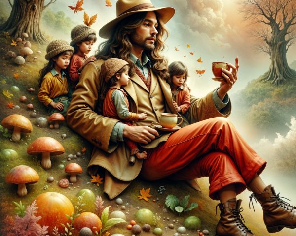 Serene Forest Scene with Man and Children in Nature