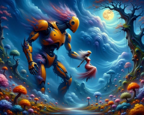 Dreamlike Landscape with Robot and Ethereal Figure