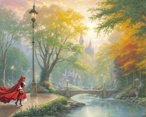 Autumn Landscape with Girl in Red Cloak and Castle