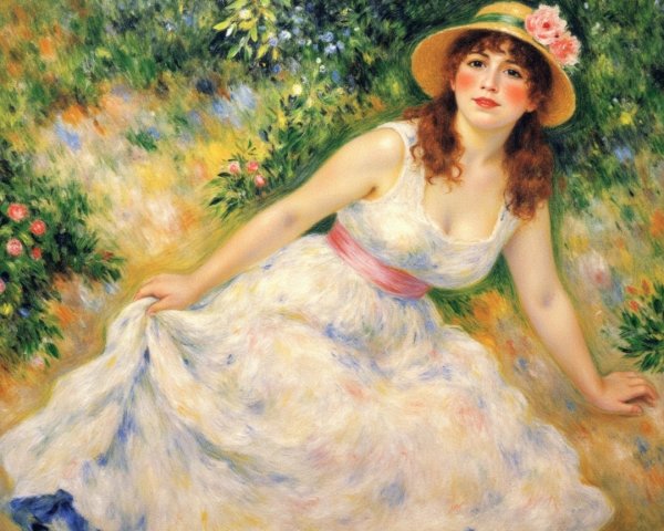 Young Woman in Floral Dress in Vibrant Garden Setting