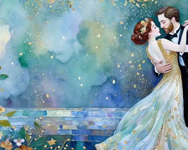 Couple Dancing in Starry Backdrop with Floral Accents