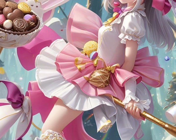 Anime Girl in Candy Land with Magical Staff and Dress