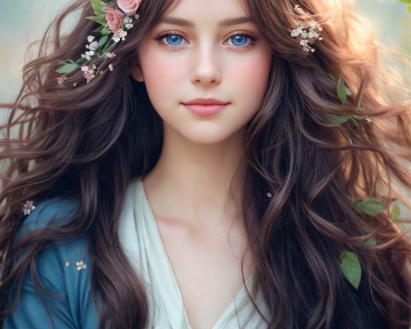 Young woman with flowers in hair and blue eyes
