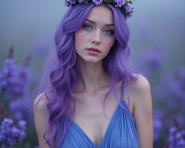 Young woman with purple hair in floral crown and dress