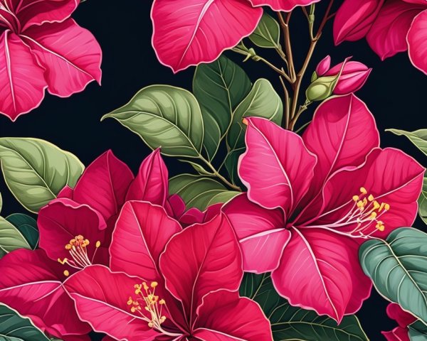 Vibrant Pink Hibiscus Flowers with Green Leaves Pattern