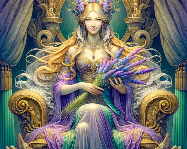 Regal figure on ornate throne in purple and gold robes