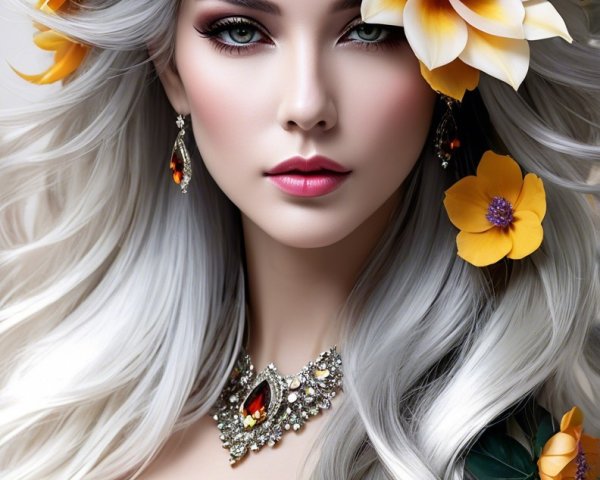 Portrait of a woman with silver hair and flowers
