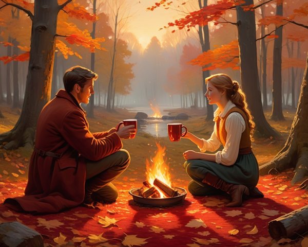 Cozy Autumn Forest Scene with Campfire and Leaves