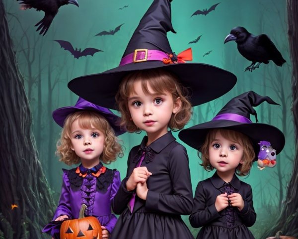 Young girls in witch costumes in enchanted forest